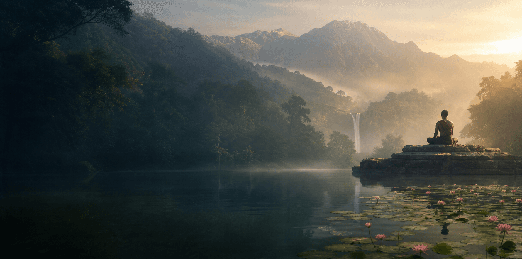 A tranquil lotus lake, forest and sunrise representing clarity and renewal
